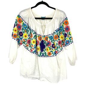 KAS Designs Top Womens Medium White Floral Embroidery Split Neck Purple Tassels